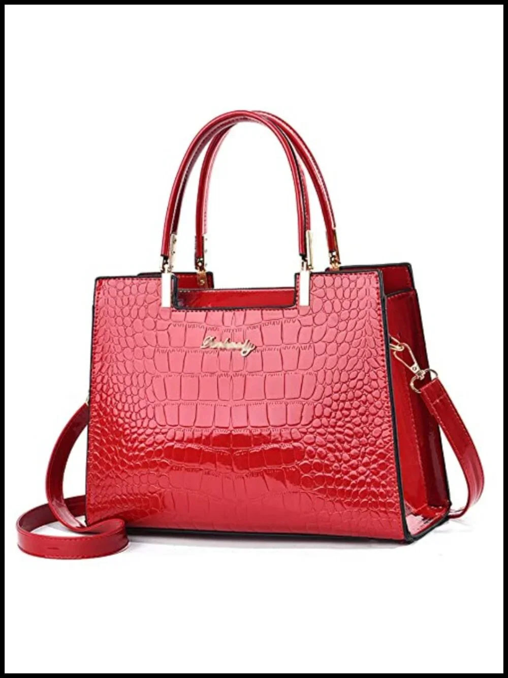 Faux Leather Patent Crocodile Pattern Top Handle Satchel Zipper Medium Tote Bag